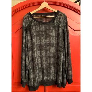 Lane Bryant 22 / 24 Sheer Zip Shoulder Black White Crosshatch Shirt Blouse EUC